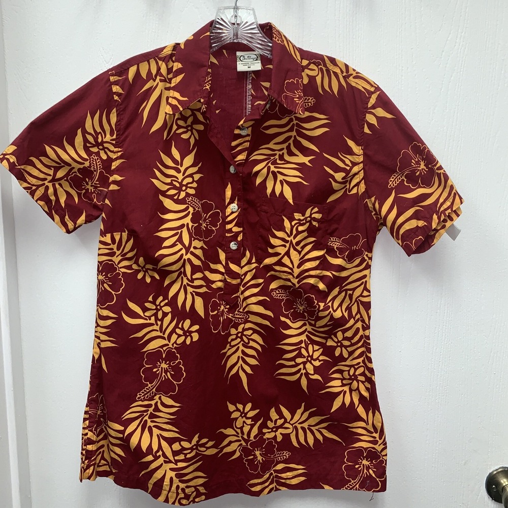 Go Barefoot Shirt Mens M Red Yellow Floral‎ Hawaiian USA Made Cardinal Gold